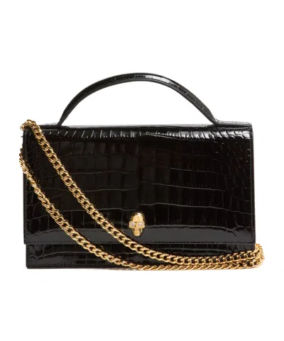 Alexander Mcqueen Crocembossed Shoulder Bag In Black