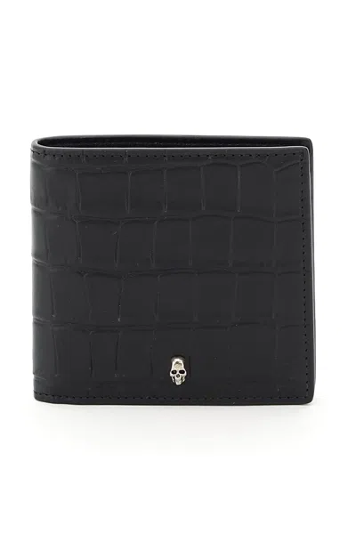 Alexander Mcqueen Croco-embossed Bi-fold Wallet In Black