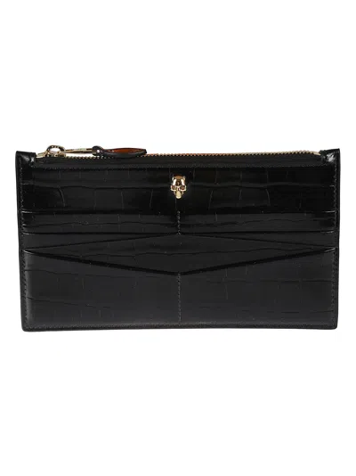 Alexander Mcqueen Croco Embossed Flat Zip Wallet In Black