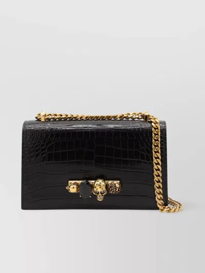 Alexander Mcqueen Crocodile Chain Shoulder Bag With Decorative Embellishments In Black