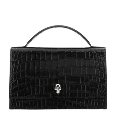 Alexander Mcqueen Crocodile-effect Patent Leather Shoulder Bag In Black
