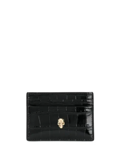 Alexander Mcqueen Crocodile Embossed Leather Card Holder In Black