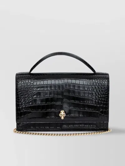 Alexander Mcqueen Crocodile Embossed Leather Crossbody Bag In Black