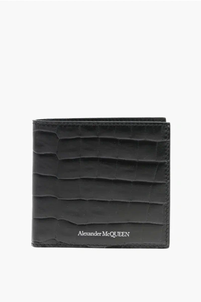 Alexander Mcqueen Crocodile Printed Leather Graffiti Bifold Wallet In Black