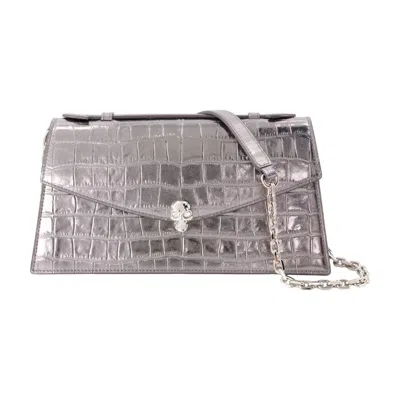 Alexander Mcqueen Crocodile-embossed Calfskin Clutch In Silver
