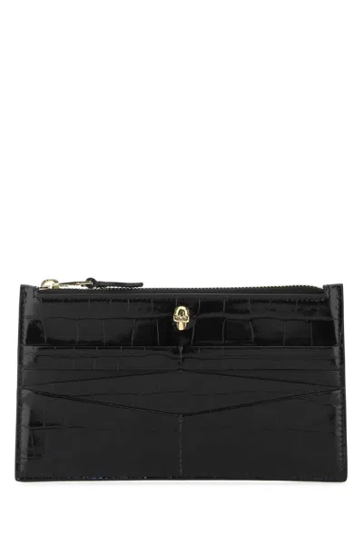 Alexander Mcqueen Crocodile-embossed Leather Card Case In Black