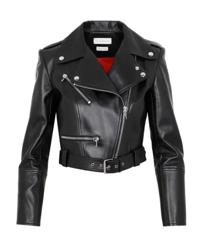 Alexander Mcqueen Cropped Biker Leather Jacket In Black