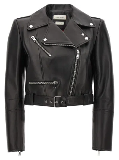 Alexander Mcqueen Cropped Biker Leather Jacket In Black