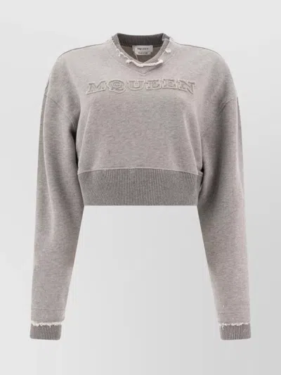 ALEXANDER MCQUEEN CROPPED DISTRESSED RIBBED SWEATSHIRTS
