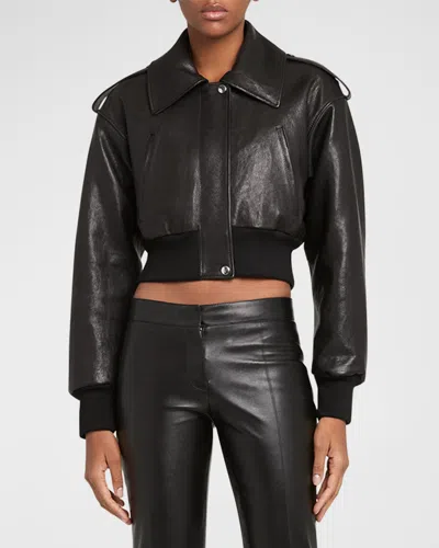 Alexander Mcqueen Cropped Leather Aviator Bomber Jacket In Black