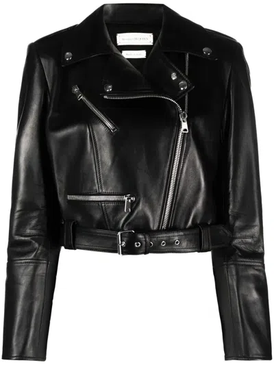 Alexander Mcqueen Cropped Biker Leather Jacket In Black
