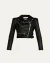 Alexander Mcqueen Black Cropped Biker Jacker With Matching Belt In Smooth Leather Woman In Black