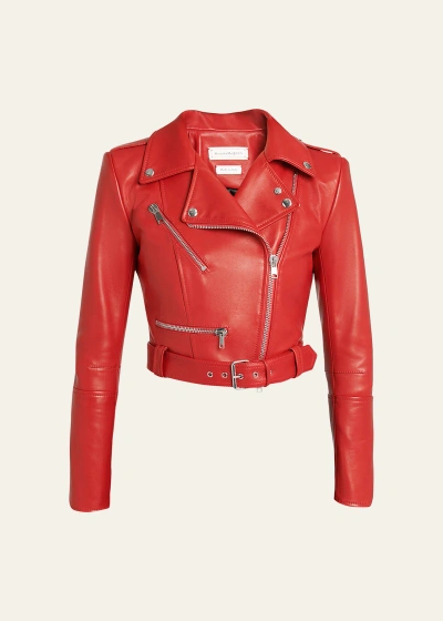 Alexander Mcqueen Cropped Leather Biker Jacket In Red