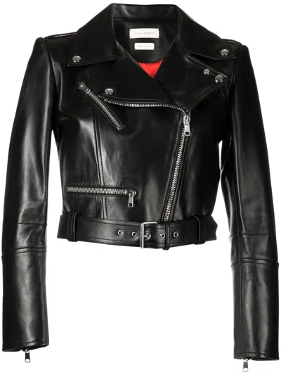 Alexander Mcqueen Cropped Biker Leather Jacket In Black