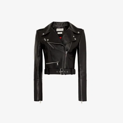 Alexander Mcqueen Cropped Biker Leather Jacket In Black