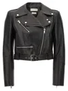 Alexander Mcqueen Black Cropped Biker Jacker With Matching Belt In Smooth Leather Woman