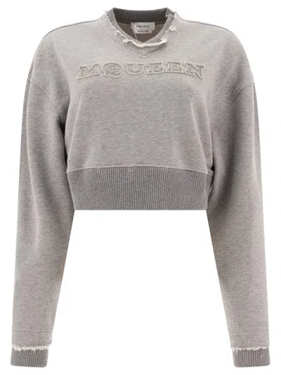 Alexander Mcqueen Cropped Sweatshirt With Mcqueen Logo Sweatshirts Grey In Gray