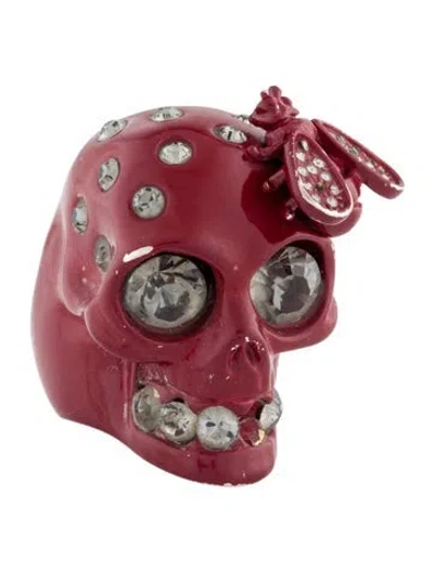 Pre-owned Alexander Mcqueen Crystal & Enamel Bee Skull Cocktail Ring In Red