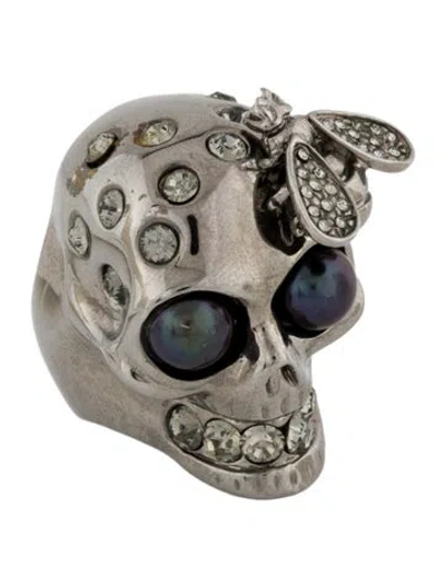Pre-owned Alexander Mcqueen Crystal & Pearl Bee Skull Cocktail Ring In Transparent