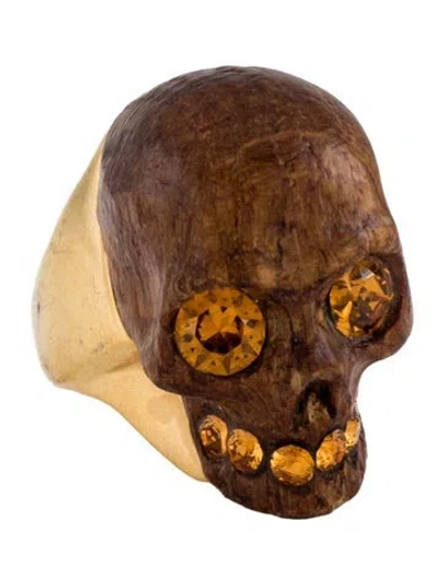 Pre-owned Alexander Mcqueen Crystal & Wood Skull Cocktail Ring In Multi