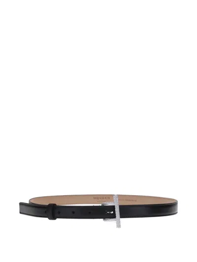 Alexander Mcqueen Crystal-embellished Leather Belt In Black