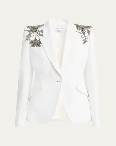 Alexander Mcqueen Crystal Embellished Shoulder Single-breasted Blazer In White