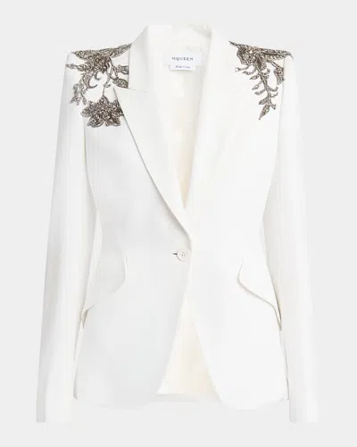 Alexander Mcqueen Crystal Embellished Shoulder Single-breasted Blazer In White