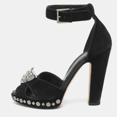Pre-owned Alexander Mcqueen Crystal Embellished Skull Size 37.5 Black Suede Platform Sandals