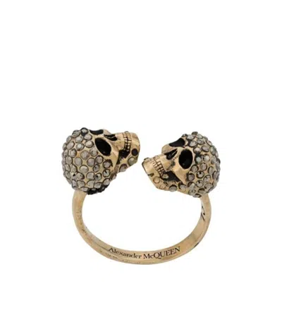 Alexander Mcqueen Crystal-embellished Skulls Ring In Yellow