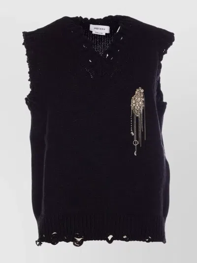 Alexander Mcqueen Crystal Embellished Sleeveless V-neck Tank Top In Black