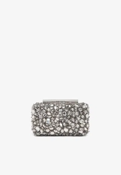 Alexander Mcqueen Crystal Embellished T-bar Box Clutch In Silver