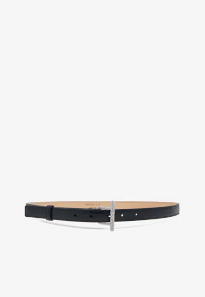 Alexander Mcqueen Crystal Embellished T-bar Leather Belt In Black