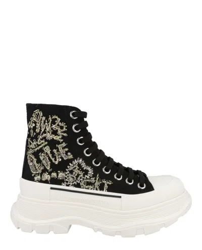 Alexander Mcqueen Crystal Embellished Tread Slick Boots In Neutral