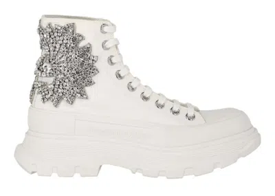 Pre-owned Alexander Mcqueen Crystal Embellished Tread Slick Boots (women's) Sneakers In White