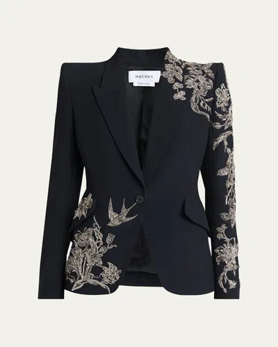 Alexander Mcqueen Crystal Embroidered Single-breasted Blazer Jacket In Black