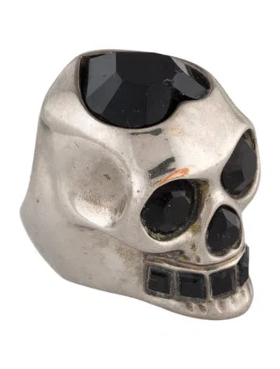 Pre-owned Alexander Mcqueen Crystal Heart Skull Cocktail Ring In Black