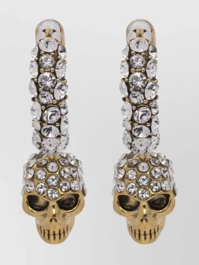 Alexander Mcqueen Crystal Hoop Earrings Skull Design In Gold