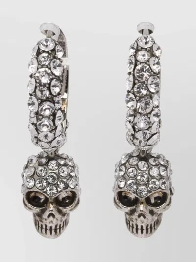 Alexander Mcqueen Crystal Hoop Earrings Skull Design In Gray