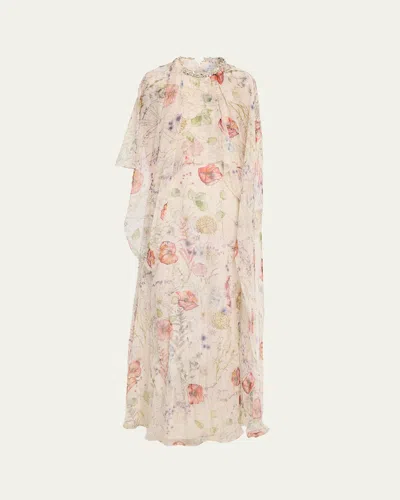Alexander Mcqueen Crystal Meadow Floral-print Asymmetric Cape Gown In Multi