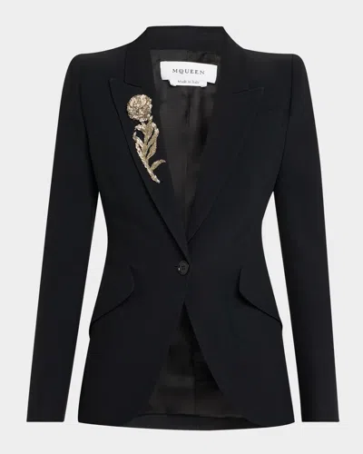 Alexander Mcqueen Crystal Rose Embroidered Single-breasted Blazer In Black
