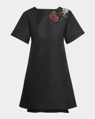 ALEXANDER MCQUEEN CRYSTAL ROSE SHORT-SLEEVE TAFFETA MINI DRESS