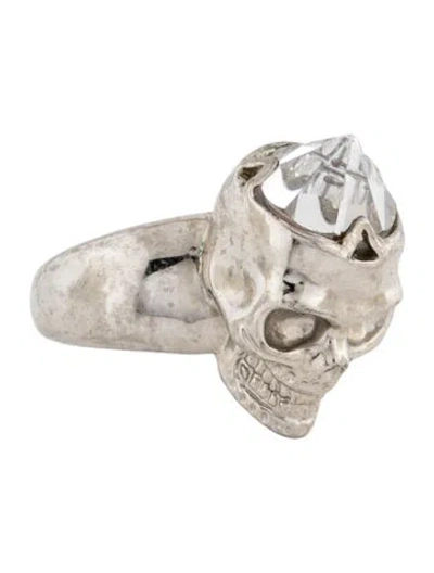 Pre-owned Alexander Mcqueen Crystal Skull Cocktail Ring In Clear
