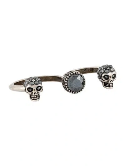 Pre-owned Alexander Mcqueen Crystal Skull Double Finger Ring In Silver