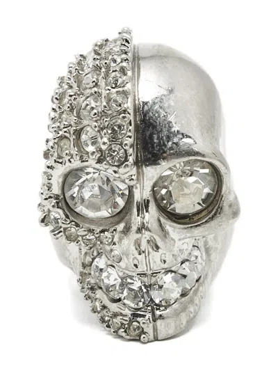 Pre-owned Alexander Mcqueen Crystal Skull Ring In Silver