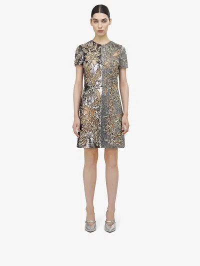 Alexander Mcqueen Crystal Stencil Embroidery Mini Dress In Silver