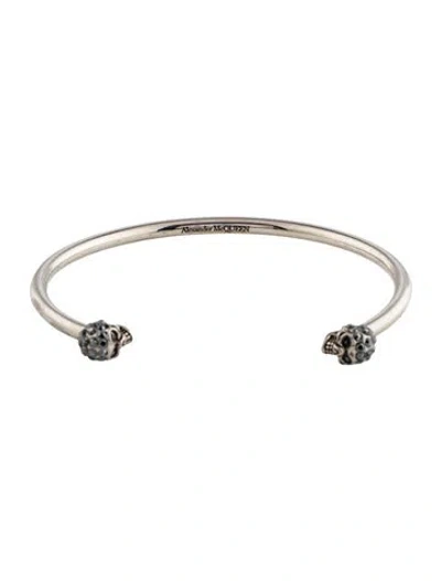 Pre-owned Alexander Mcqueen Crystal Thin Twin Skull Cuff Bracelet, 6.5" In Multi