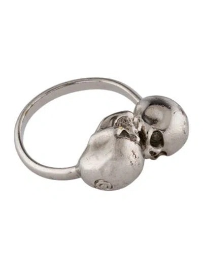 Pre-owned Alexander Mcqueen Crystal Twin Skull Cocktail Ring In Transparent