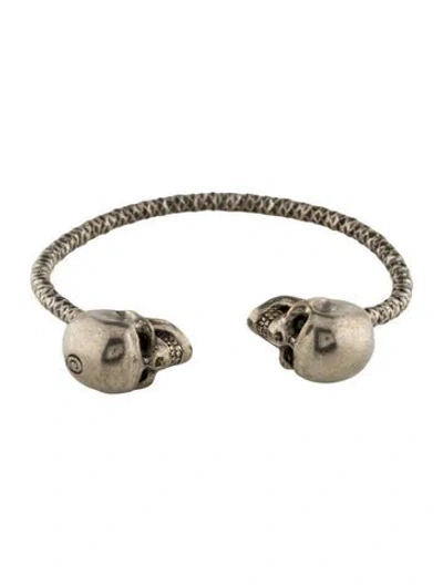 Pre-owned Alexander Mcqueen Crystal Twin Skull Cuff Bracelet, 7" In Black