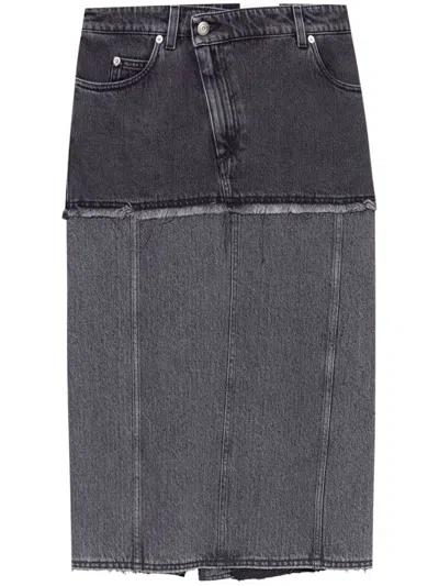 Alexander Mcqueen Mcqueen Two-tone Low Rise Denim Midi Skirt In Black Stonewashed