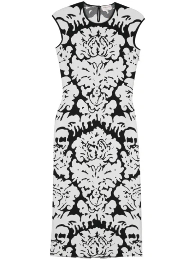 Alexander Mcqueen Damask Intarsia-knit Midi Dress In White